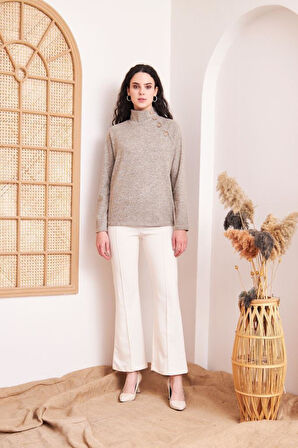 Kadın Pudra Bej Tonlu Balıkçı Yaka Düğmeli Yumuşak Kışlık Kazak 3012175