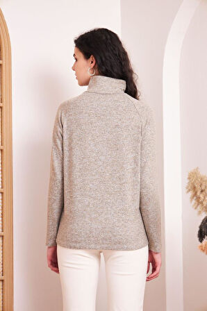 Kadın Pudra Bej Tonlu Balıkçı Yaka Düğmeli Yumuşak Kışlık Kazak 3012175