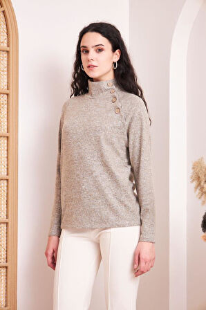 Kadın Pudra Bej Tonlu Balıkçı Yaka Düğmeli Yumuşak Kışlık Kazak 3012175