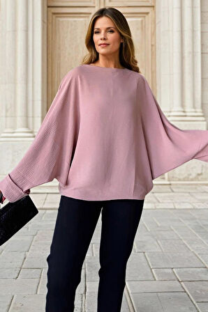 Kadın Yarasa Duble Kol Salaş Ekstra Oversize Rahat Yuvarlak Yaka Bluz  2943220