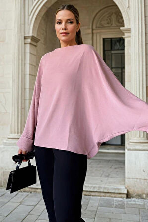 Kadın Yarasa Duble Kol Salaş Ekstra Oversize Rahat Yuvarlak Yaka Bluz  2943220