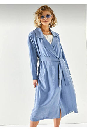 Kadın Ekstra Bol Kesim Salaş Kemerli Cepli Düğmeli Yumuşak Dokulu Uzun Trençkot Hırka 3335370