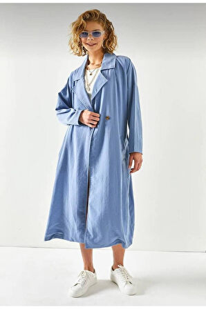 Kadın Ekstra Bol Kesim Salaş Kemerli Cepli Düğmeli Yumuşak Dokulu Uzun Trençkot Hırka 3335370