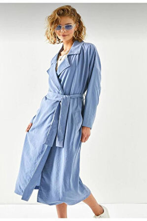 Kadın Ekstra Bol Kesim Salaş Kemerli Cepli Düğmeli Yumuşak Dokulu Uzun Trençkot Hırka 3335370