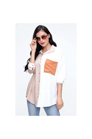 Kadın Bej Kiremit Beyaz Renk Detaylı Arkası Uzun Uzun Kollu Dökümlü Tunik Gömlek 3071230
