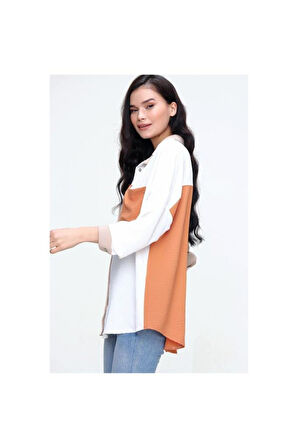 Kadın Bej Kiremit Beyaz Renk Detaylı Arkası Uzun Uzun Kollu Dökümlü Tunik Gömlek 3071230