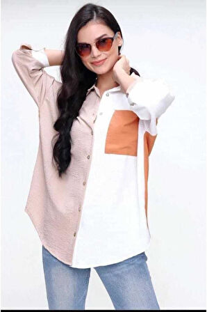 Kadın Bej Kiremit Beyaz Renk Detaylı Arkası Uzun Uzun Kollu Dökümlü Tunik Gömlek 3071230