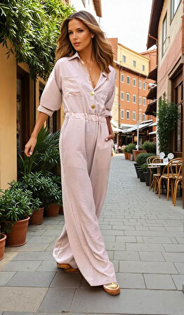 Kadın Cepli Beli Kolu Lastikli Uzun Kol Bol Kesim Tesettüre Uygun Kupra Tulum 3360400