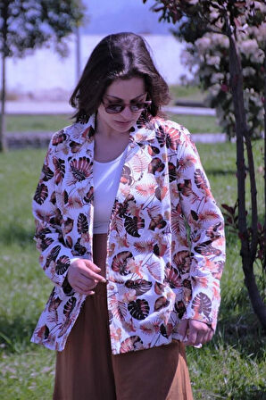 Kadın Bol Kesim Keten Oversize Rahat Ceket Kahverengi 3371200