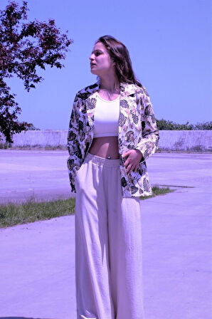 Kadın Bol Kesim Keten Oversize Rahat Ceket Kahverengi 3371200