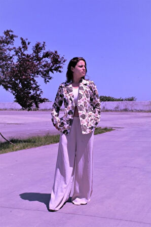 Kadın Bol Kesim Keten Oversize Rahat Ceket Kahverengi 3371200