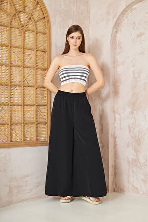 Kadın Beli Lastikli Cepli Bol Paça Salaş Oversize Bej Yumuşak Dokulu Rahat Pantolon  3391200