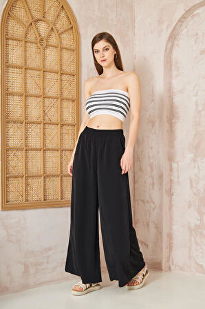 Kadın Beli Lastikli Cepli Bol Paça Salaş Oversize Bej Yumuşak Dokulu Rahat Pantolon  3391200