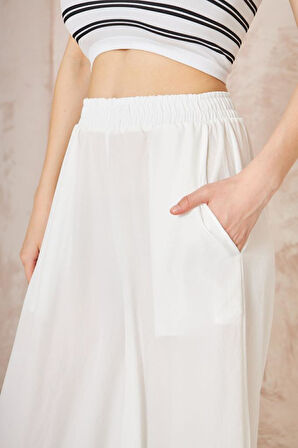 Kadın Beli Lastikli Cepli Bol Paça Salaş Oversize Bej Yumuşak Dokulu Rahat Pantolon  3391200