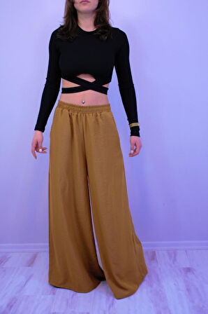 Kadın Beli Lastikli Cepli Bol Paça Salaş Oversize Bej Yumuşak Dokulu Rahat Pantolon  3391200
