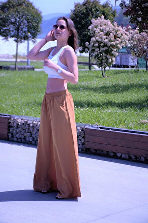 Kadın Beli Lastikli Cepli Bol Paça Salaş Oversize Bej Yumuşak Dokulu Rahat Pantolon  3391200