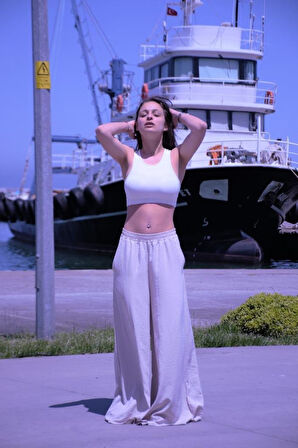 Kadın Beli Lastikli Cepli Bol Paça Salaş Oversize Bej Yumuşak Dokulu Rahat Pantolon  3391200