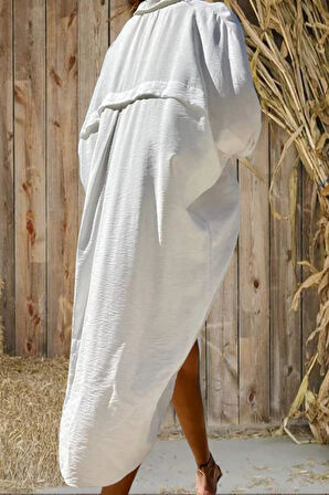 Kadın Yarasa Kol Tesettüre Uygun Gömlek Elbise Keten Karışımlı Tunik 3282420