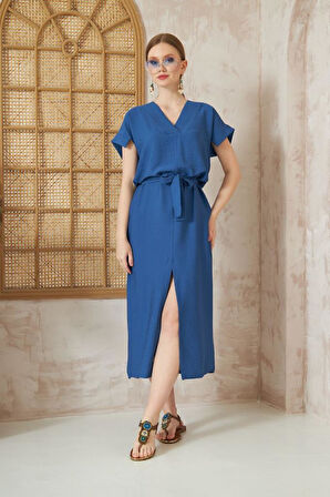 Kadın Hardal Keten Kemerli Kısa Kollu Yazlık Rahat Kesim Yırtmaçlı Günlük Uzun Elbise 3221300