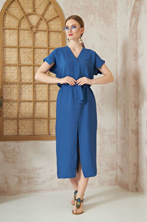 Kadın Hardal Keten Kemerli Kısa Kollu Yazlık Rahat Kesim Yırtmaçlı Günlük Uzun Elbise 3221300