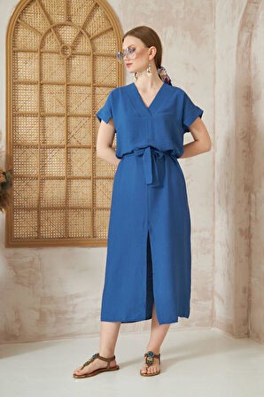 Kadın Hardal Keten Kemerli Kısa Kollu Yazlık Rahat Kesim Yırtmaçlı Günlük Uzun Elbise 3221300