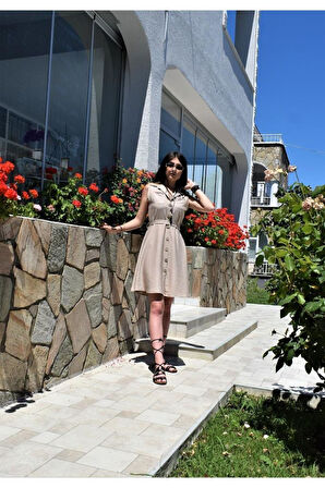 Kadın Kiremit Kemerli Kloş Cepli Kolsuz Rahat Midi Keten Gömlek Elbise Kahverengi / Düğmeli 2945280