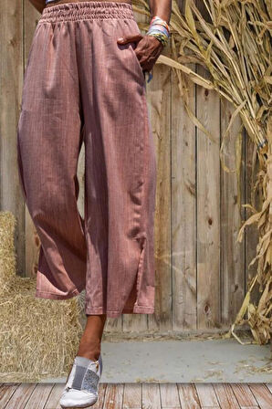 Kadın Keten Beli Lastikli Cepli Paçası Yırtmaçlı Salaş Kapri Bermuda Pantolon 3404209