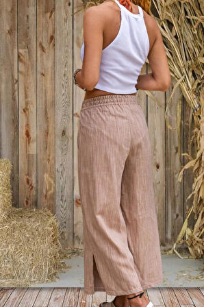 Kadın Keten Beli Lastikli Cepli Paçası Yırtmaçlı Salaş Kapri Bermuda Pantolon 3404209