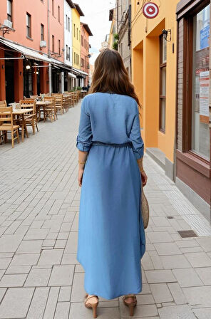 Kadın Hasır Kemer Detaylı Uzun Kollu Beli Büzgülü Keten Gömlek Elbise Yb2837400