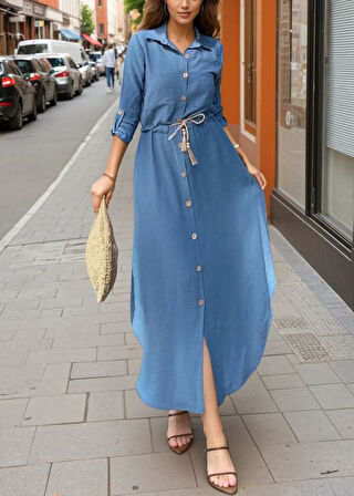 Kadın Hasır Kemer Detaylı Uzun Kollu Beli Büzgülü Keten Gömlek Elbise Yb2837400