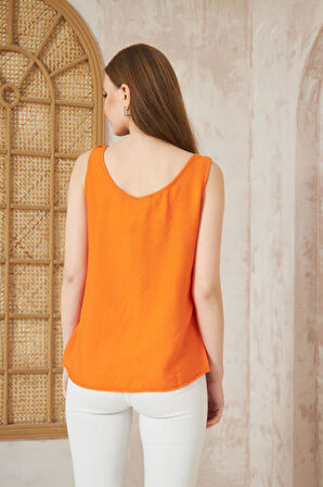 Kadın Kalın Askılı Yuvarlak Yaka Düğmeli Kolsuz Keten Günlük Gömlek Bluz 2910170