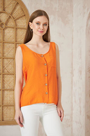 Kadın Kalın Askılı Yuvarlak Yaka Düğmeli Kolsuz Keten Günlük Gömlek Bluz 2910170