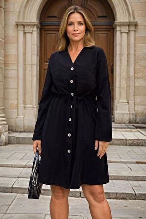 Kadın Uzun Kol Beli Bağcıklı Cepli Düğmeli A Kesim Cupra Salaş Elbise 3411300