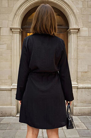 Kadın Uzun Kol Beli Bağcıklı Cepli Düğmeli A Kesim Cupra Salaş Elbise 3411300