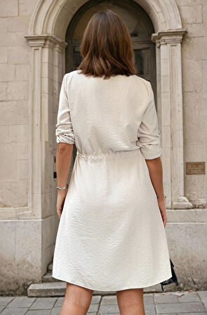 Kadın Uzun Kol Beli Bağcıklı Cepli Düğmeli A Kesim Cupra Salaş Elbise 3411300