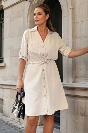 Kadın Uzun Kol Beli Bağcıklı Cepli Düğmeli A Kesim Cupra Salaş Elbise 3411300