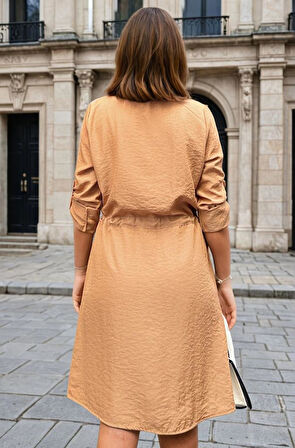 Kadın Uzun Kol Beli Bağcıklı Cepli Düğmeli A Kesim Cupra Salaş Elbise 3411300