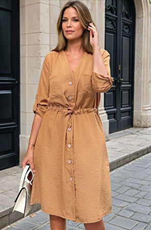 Kadın Uzun Kol Beli Bağcıklı Cepli Düğmeli A Kesim Cupra Salaş Elbise 3411300