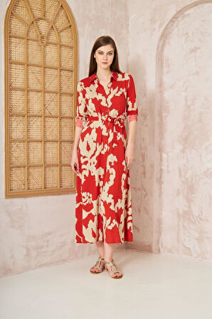 Kadın Dar Kalıp Uzun Kol Bele Oturan %100 Viskon Kemerli Yazlık Elbise 700-3413320