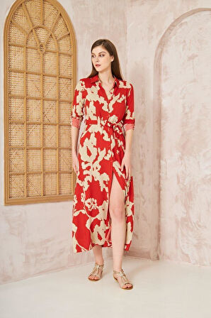 Kadın Dar Kalıp Uzun Kol Bele Oturan %100 Viskon Kemerli Yazlık Elbise 700-3413320