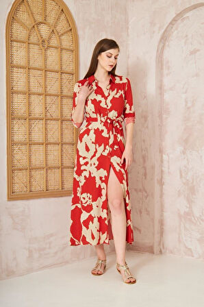 Kadın Dar Kalıp Uzun Kol Bele Oturan %100 Viskon Kemerli Yazlık Elbise 700-3413320