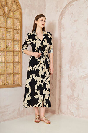 Kadın Dar Kalıp Uzun Kol Bele Oturan %100 Viskon Kemerli Yazlık Elbise 700-3413320