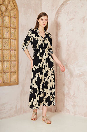 Kadın Dar Kalıp Uzun Kol Bele Oturan %100 Viskon Kemerli Yazlık Elbise 700-3413320