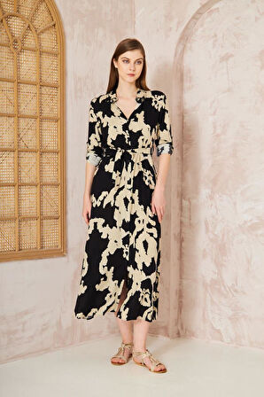 Kadın Dar Kalıp Uzun Kol Bele Oturan %100 Viskon Kemerli Yazlık Elbise 700-3413320