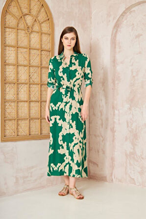 Kadın Dar Kalıp Uzun Kol Bele Oturan %100 Viskon Kemerli Yazlık Elbise 700-3413320