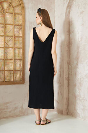 Kadın Oversize Müslin Derin V Yaka Askılı Kolsuz Yırtmaçlı Uzun Günlük Elbise Sarı 3419270