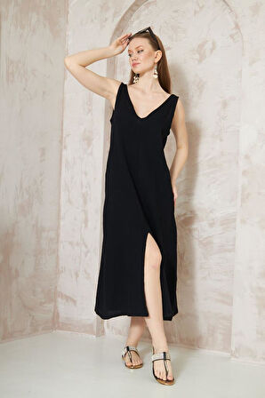 Kadın Oversize Müslin Derin V Yaka Askılı Kolsuz Yırtmaçlı Uzun Günlük Elbise Sarı 3419270