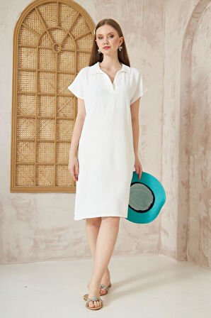 Kadın Bol Kesim Polo Yaka Kısa Kollu Günlük Kısa Midi Elbise Dizüstü 2883220