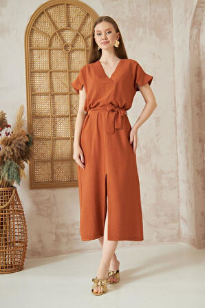 Kadın Hardal Keten Kemerli Kısa Kollu Yazlık Rahat Kesim Yırtmaçlı Günlük Uzun Elbise 3221300