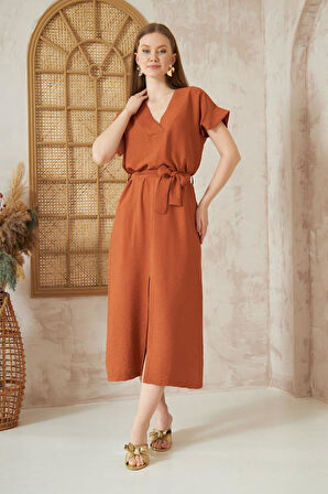 Kadın Hardal Keten Kemerli Kısa Kollu Yazlık Rahat Kesim Yırtmaçlı Günlük Uzun Elbise 3221300